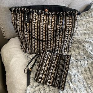 Sondra Robert’s tote bag with matching insert wristlet black gold white tan